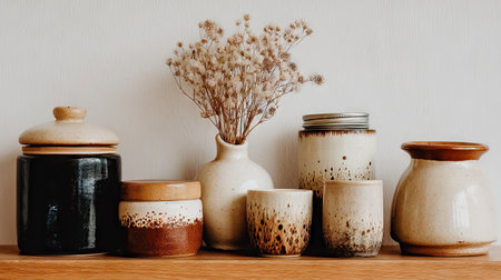 This image features a charming collection of handmade pottery displayed on a wooden shelf. Elegant vases filled with dried flowers create a serene and inviting atmosphere, perfect for enhancing home interiors.の素材
