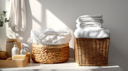 This image captures a serene bathroom scene featuring neatly stacked white towels and natural fiber baskets, creating a cozy and organized space.の素材