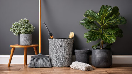 A modern cleaning corner featuring stylish plants and essential cleaning tools, set against a contemporary gray wall, perfect for enhancing home organization.の素材