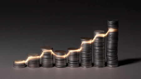 This creative stock photo captures the concept of financial growth through stacked coins, illustrating increasing profits and success in business ventures.の素材