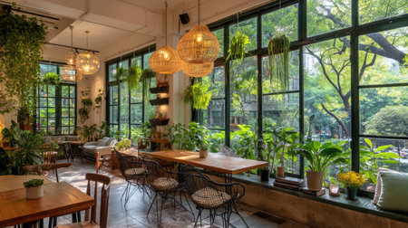 A bright and welcoming indoor cafe featuring lush greenery, natural light, and modern decor. The cozy atmosphere invites relaxation and socializing in an urban setting.の素材