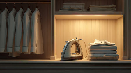A modern iron rests beside neatly folded clothes on a beautifully designed shelf in a stylish closet, highlighting organization and elegance in home care.の素材