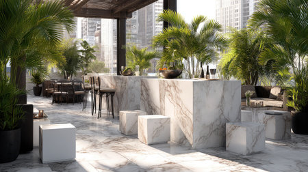A stunning rooftop lounge featuring elegant marble countertops and lush greenery, creating a perfect relaxing atmosphere in an urban environment.の素材