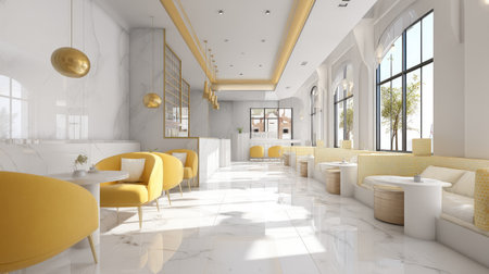 A bright and modern cafe interior featuring elegant yellow decor, marble floors, and ample natural light from large windows, creating a welcoming atmosphere.の素材