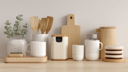 This image showcases an elegant arrangement of modern kitchen essentials, blending wooden and ceramic items against a simple backdrop, perfect for home decor inspiration.の素材