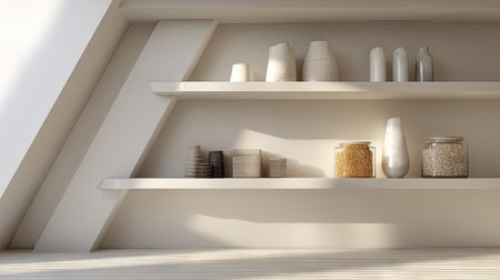 A stunning view of a minimalist kitchen shelf filled with various stylish containers, highlighting modern design elements and soft natural light.の素材