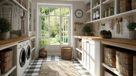 This modern laundry room features bright natural light streaming through a window, showcasing a functional space filled with rustic decor elements.の素材