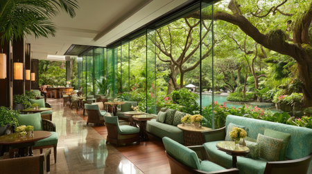 This stunning indoor lounge features expansive glass windows, offering breathtaking views of lush greenery and providing a serene escape in a luxury hotel.の素材