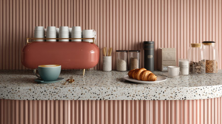 A stylish cafe counter showcases a vibrant coffee machine and elegant cups, paired with delicious croissants, creating a cozy, modern atmosphere.の素材