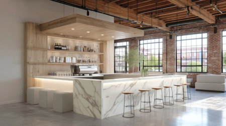 Experience a modern cafe interior showcasing minimalistic design elements, combining wooden fixtures with a sleek marble coffee bar, perfect for socializing.の素材