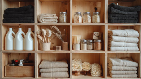 A beautifully organized wooden shelf featuring a mix of towels, bottles, jars, and decorative elements, creating a cozy and minimalist home atmosphere.の素材