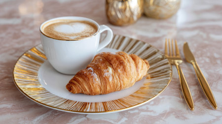 Experience a serene morning moment with a beautifully crafted coffee topped with heart design foam, paired with a buttery croissant on an elegant plate.の素材
