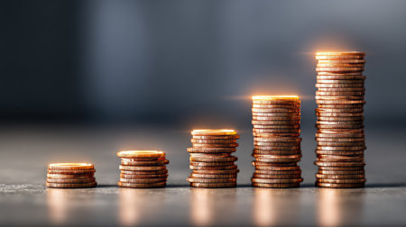 This image depicts a series of coin stacks gradually increasing in height, symbolizing financial growth and economic success. Perfect for finance-related concepts.の素材