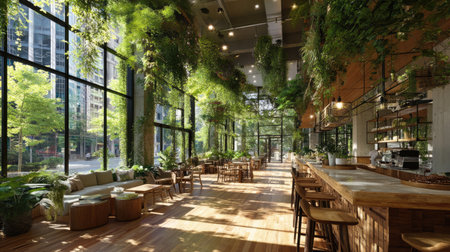 A stunning indoor garden cafe featuring large windows that invite natural light and lush greenery, creating a serene atmosphere perfect for relaxation or socializing.の素材