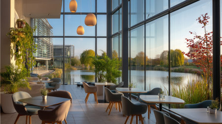 A beautifully designed modern restaurant interior featuring large windows that provide a stunning view of a serene lake and lush greenery. The space exudes comfort and relaxation, making it the perfect dining environment.の素材