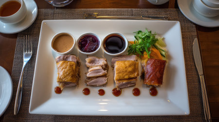A stunning display of roast pork, sliced and served with flavorful sauces, garnished with fresh herbs and colorful vegetables, perfect for any dining occasion.の素材