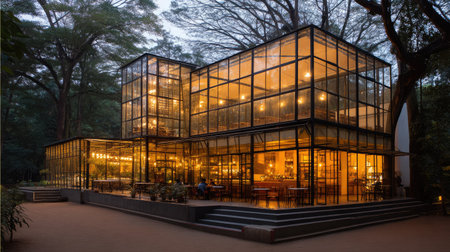 This striking modern glass building, nestled among lush greenery, features warm ambient lighting that creates a cozy atmosphere, inviting guests to enjoy leisure moments.の素材