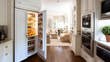 A beautifully designed modern kitchen features an open refrigerator filled with fresh ingredients, showcasing a bright and inviting living room in the background.の素材