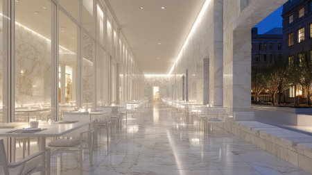 Experience a serene and elegant modern restaurant interior featuring stunning marble finishes and ambient lighting, perfect for sophisticated dining experiences.の素材