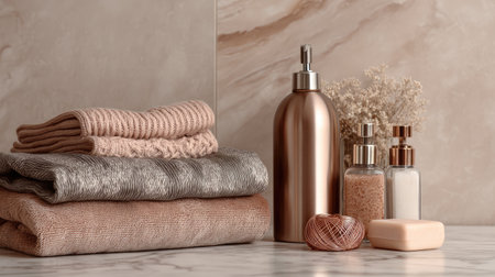 This serene bathroom setup features a stack of soft towels, elegant bottles, and decorative accessories, creating a peaceful and inviting atmosphere for relaxation.の素材