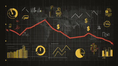 A striking visual representation of financial data, showcasing a downward trend. This detailed graphic features various charts and metrics in vibrant colors on a dark background, ideal for business presentations.の素材