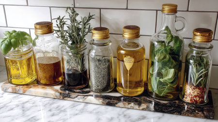 A stunning arrangement of glass bottles filled with olive oil and various herbs, showcasing fresh ingredients on a marbled countertop. Ideal for culinary inspiration.の素材