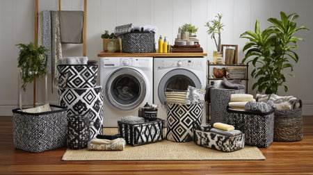 Discover a captivating arrangement of stylish storage solutions for your laundry room, blending elegance and functionality in a contemporary setting.の素材