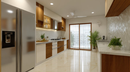 This modern kitchen features a spacious layout with sleek cabinets, bright lighting, and natural elements, creating an inviting space for cooking and family gatherings.の素材