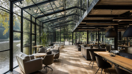 A stunning modern interior space featuring a glass structure with a panoramic view of tranquil waters and lush greenery, designed for relaxation.の素材