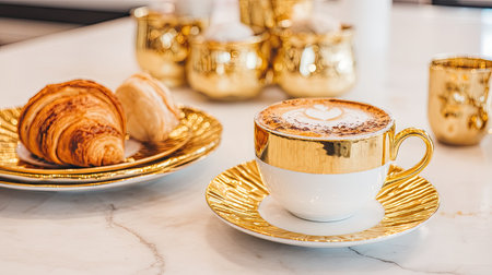 This elegant coffee setup features a golden cup, freshly baked croissants, and a stylish table arrangement, perfect for a luxurious breakfast experience.の素材