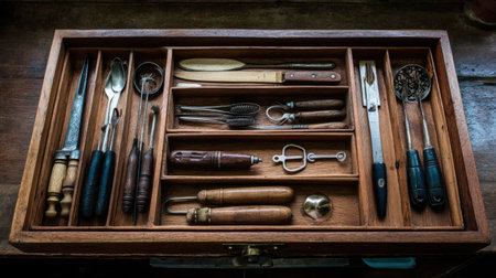 A beautifully arranged vintage wooden drawer showcases an assortment of hand tools and utensils, ideal for craftsmanship and artistic projects.の素材
