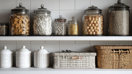 This captivating image showcases a well-organized kitchen shelf featuring a variety of glass jars and woven baskets, highlighting functional and aesthetic storage.の素材