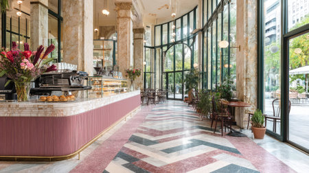 This image showcases an elegant cafe interior featuring marble flooring, large windows, and lush plants, creating a warm and inviting atmosphere.の素材