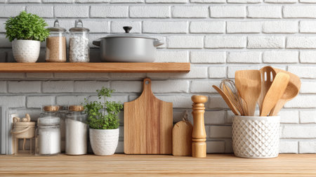 Bright and inviting kitchen shelf featuring cookware, fresh herbs, and stylish decor. The brick wall and wooden elements create a cozy atmosphere.の素材