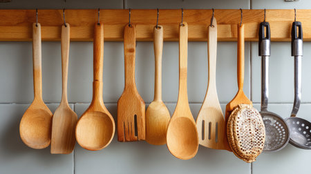 A beautiful arrangement of wooden cooking utensils neatly hung on a wall rack. This image captures the essence of a cozy kitchen atmosphere, showcasing essential cooking tools.の素材