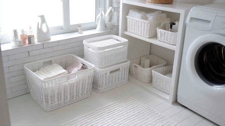This modern laundry room features bright white dの素材