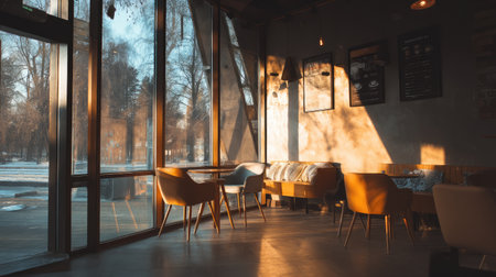 A cozy modern cafe featuring warm sunlight streaming through large windows, showcasing comfortable seating and a relaxed atmosphere perfect for conversations.の素材