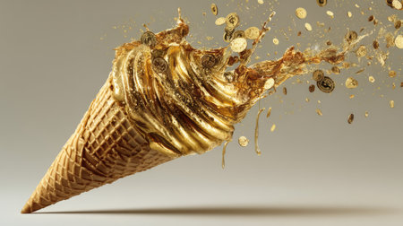 A stunning image of a gold ice cream cone with rich cream and sparkling coins splashing around, embodying luxury and indulgence in dessert.の素材