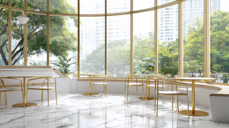 This image showcases a modern cafe interior featuring large windows that invite natural light and views of lush greenery, creating a serene atmosphere.の素材