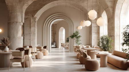 This serene cafe interior showcases elegant archways and minimalist furniture, bathed in natural light, creating a cozy and inviting atmosphere.の素材
