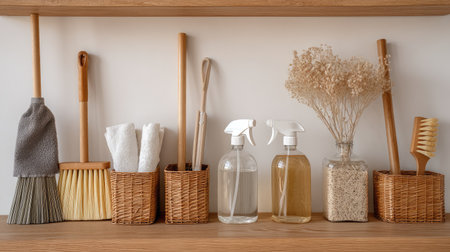 A beautifully organized display of cleaning supplies on a wooden shelf, featuring eco-friendly products, natural brushes, and decorative elements for a clean ambiance.の素材