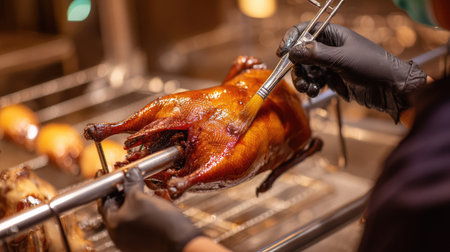 A chef in a professional kitchen applies a glossy glaze to a roast duck with precision, highlighting the artistry of culinary preparation.の素材