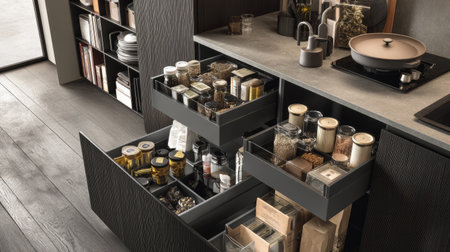 A contemporary kitchen showcases open drawers filled with neatly organized jars and spices. This stylish setup enhances functionality and aesthetics.の素材