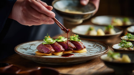 A skilled chef meticulously prepares an exquisite gourmet dish featuring succulent meat and vibrant vegetables in an elegant culinary setting.の素材