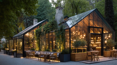 Experience the beauty of a contemporary restaurant with glass walls, surrounded by lush greenery. Enjoy a cozy atmosphere with warm lighting.の素材