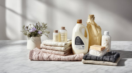 An inviting still life arrangement featuring soft textiles and various cleaning supplies on a marble surface illuminated by natural light, complemented by decorative flowers.の素材