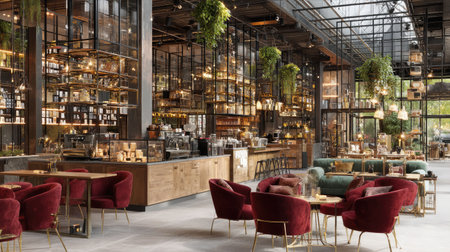 Discover the serene and inviting atmosphere of this modern cafe, featuring plush seating, elegant decor, lush plants, and warm lighting for an enjoyable experience.の素材