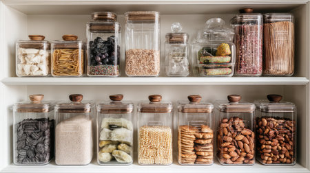 This image showcases an aesthetically pleasing arrangement of clear containers filled with various dry food items, perfect for a modern kitchen.の素材