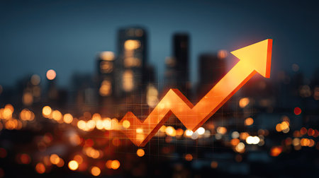 A dynamic upward arrow symbolizing growth and success rises against a blurred city skyline at night, representing financial progress and opportunity.の素材