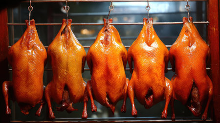 Captivating image of roasted ducks elegantly hanging in a restaurant display, showcasing their shiny, glazed skin, an appealing sight for food lovers.の素材
